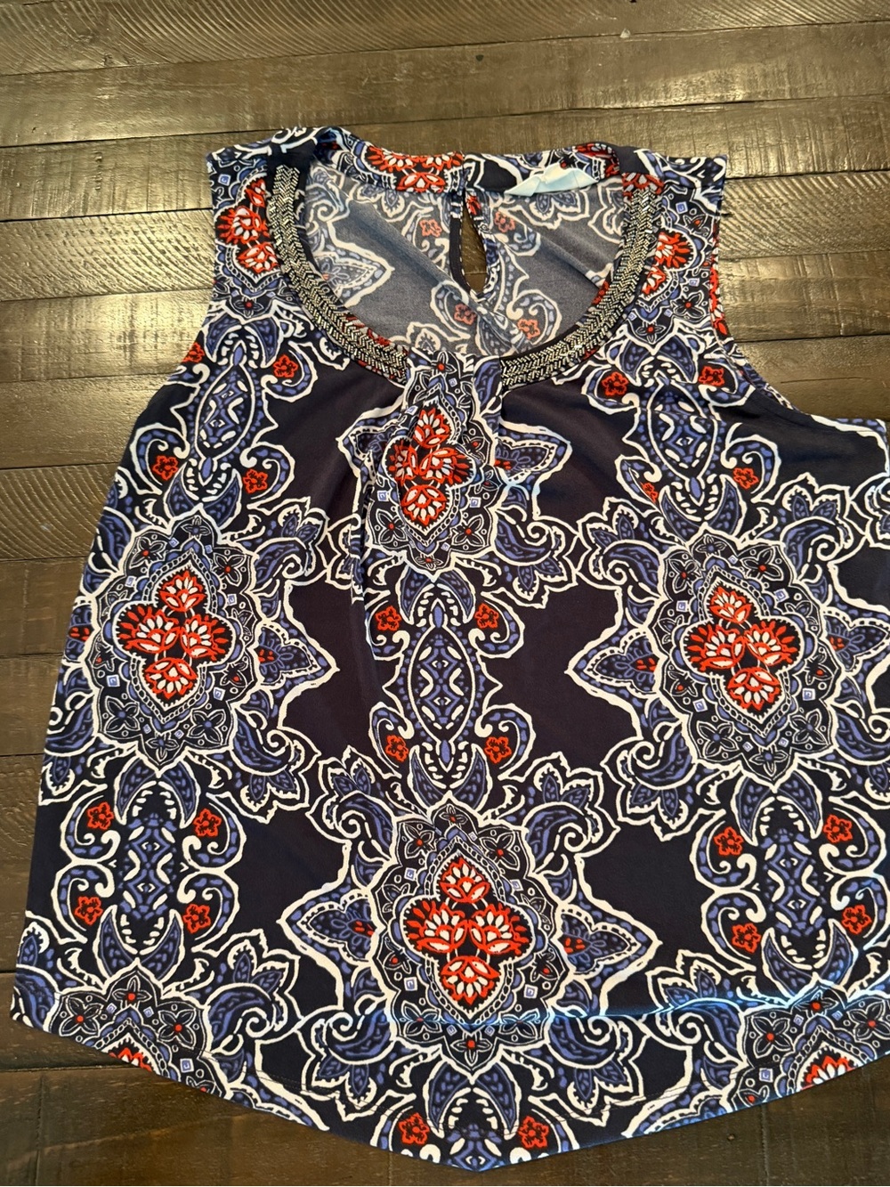 Magnolia Navy Paisley Tank with Red & White Motifs